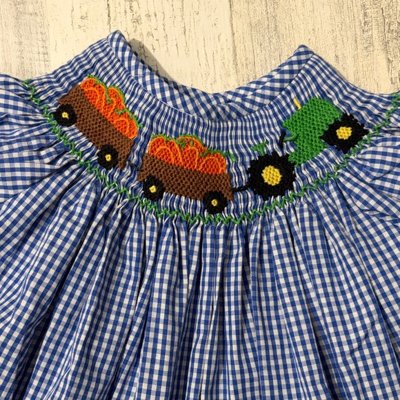 Banana Split Other - Banana Split Pumpkin Farm Gingham Kids Smocked Dress with  Tractor Design